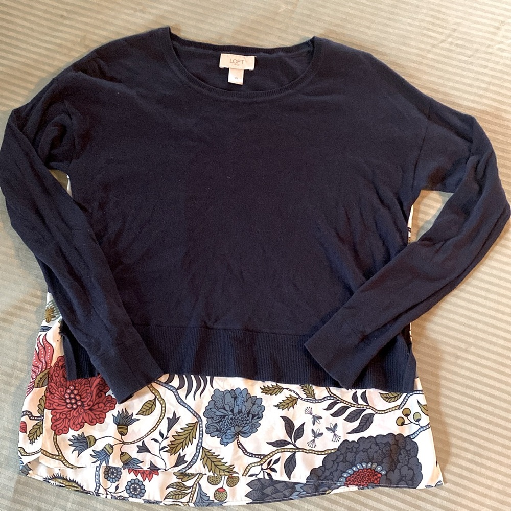 Loft Multi Media Sweater. Navy Blue Sweater with Floral flounce & back.  Size XS